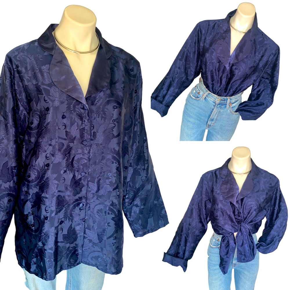 Vintage Floral Jacquard Brocade Satin Sleep Shirt Gown